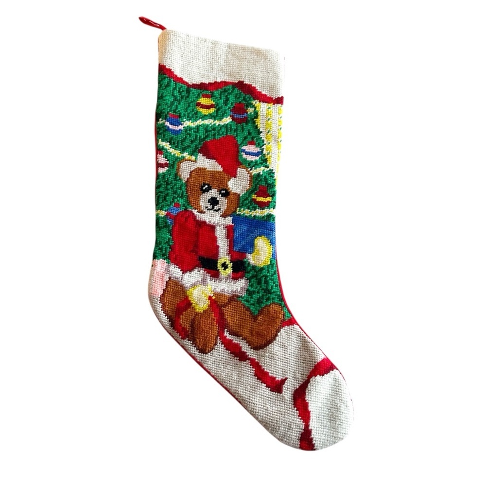 Vintage Needle Point Christmas Stocking Teddy Bear Santa